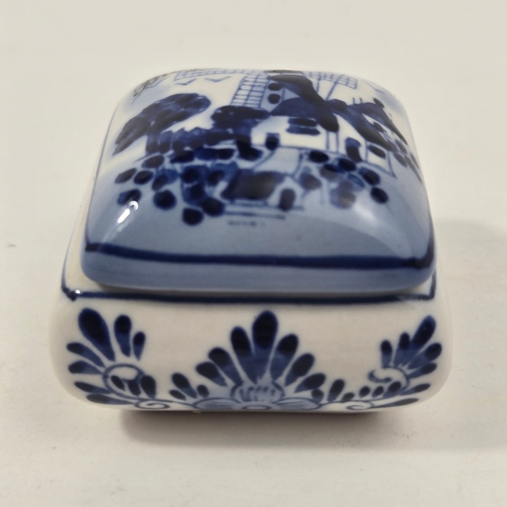 Vintage Delft Blue Brugge Windmill Trinket Box Hand Painted Ceramic Square Mini